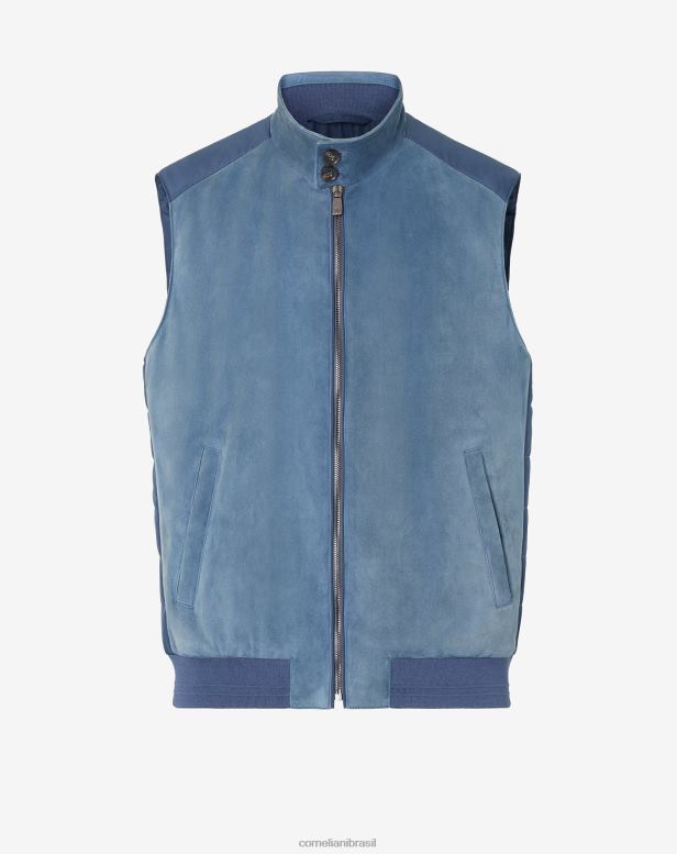 2200J103 homens Corneliani colete acolchoado de couro e algodão azul roupas
