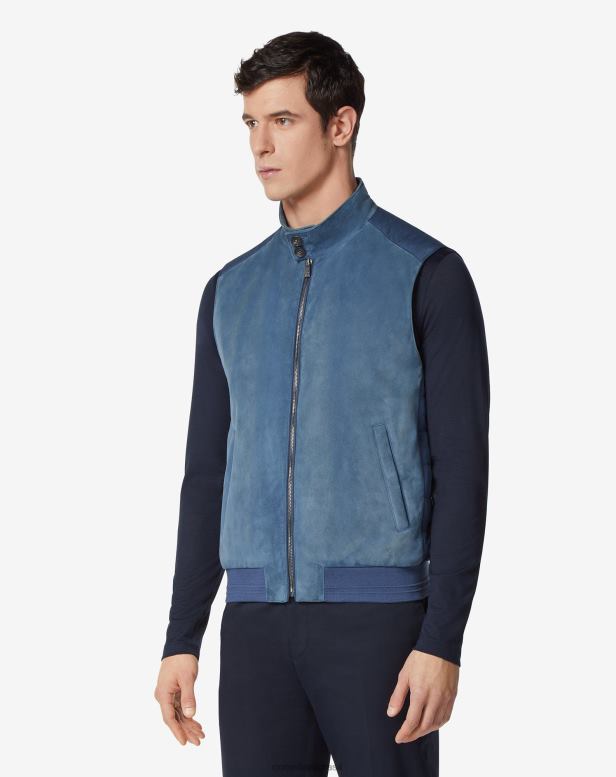 2200J103 homens Corneliani colete acolchoado de couro e algodão azul roupas