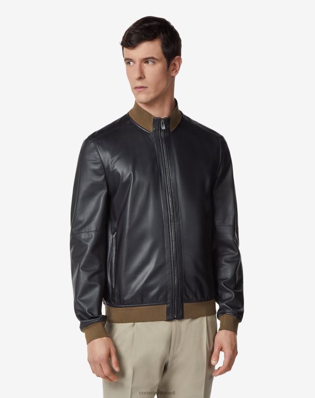2200J106 homens Corneliani jaqueta bomber em couro napa ultraleve azul roupas