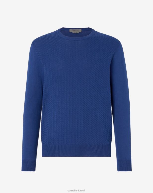 2200J113 homens Corneliani suéter cina pima algodão com gola redonda azul roupas