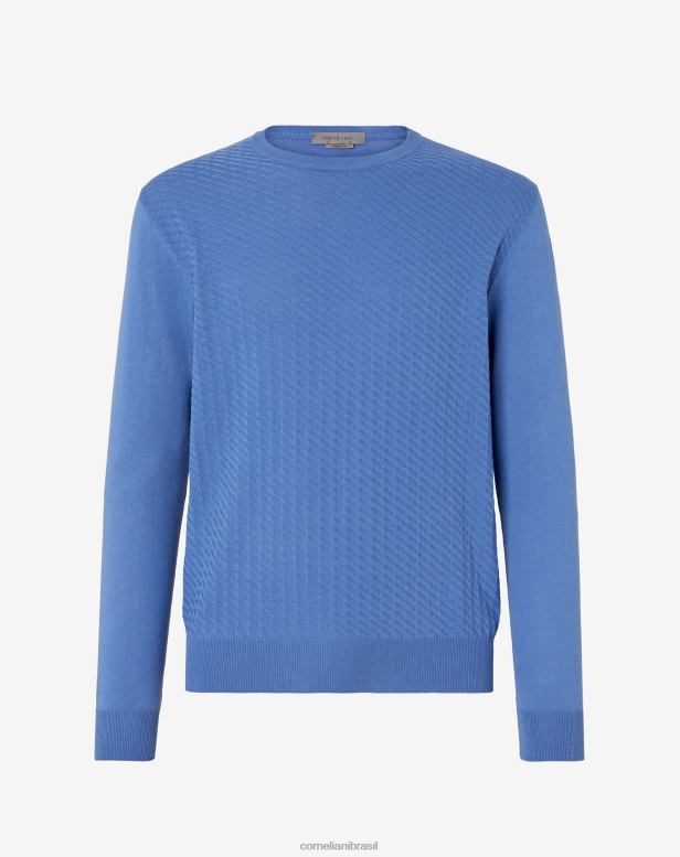 2200J115 homens Corneliani suéter de gola redonda de algodão pima azul roupas
