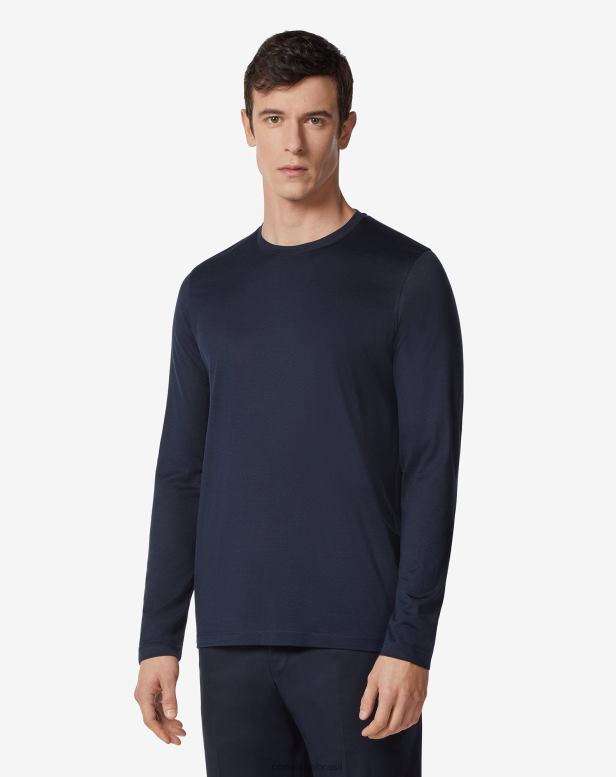 2200J116 homens Corneliani suéter de seda e algodão com gola redonda azul-marinho roupas