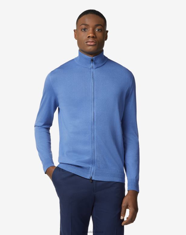 2200J119 homens Corneliani suéter de algodão com zíper completo azul roupas