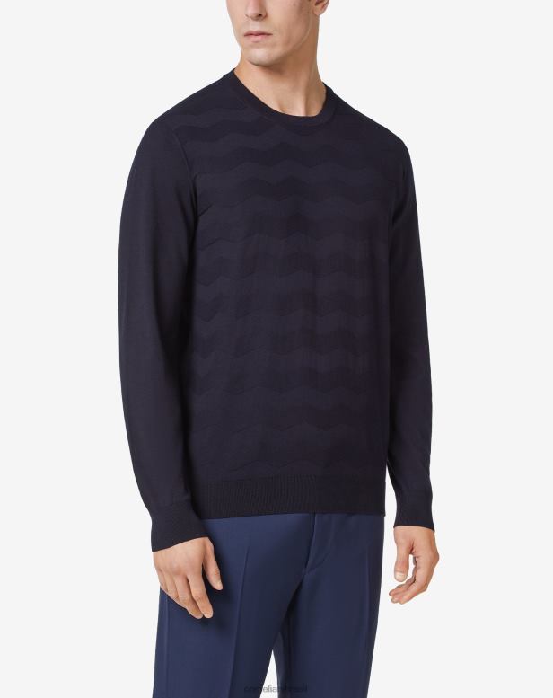 2200J121 homens Corneliani suéter de algodão ultraleve com gola redonda azul roupas