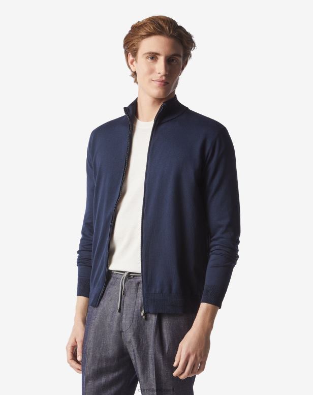 2200J122 homens Corneliani suéter de algodão com zíper completo azul-marinho roupas