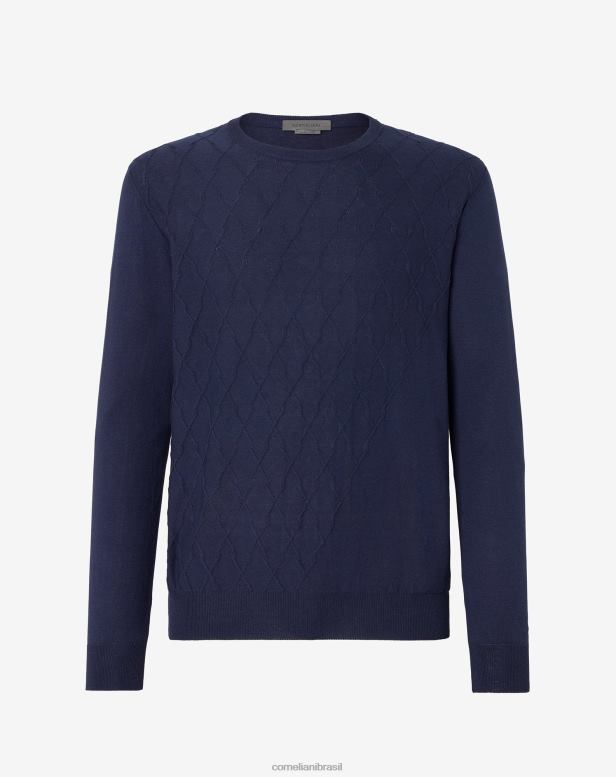 2200J128 homens Corneliani suéter de gola redonda de algodão e seda azul roupas