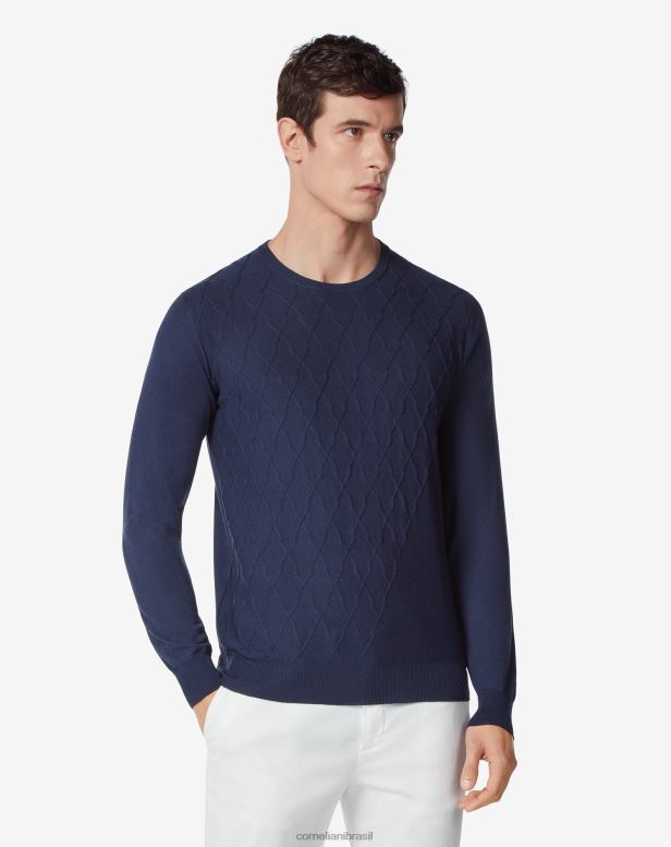 2200J128 homens Corneliani suéter de gola redonda de algodão e seda azul roupas