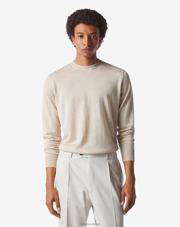 2200J138 homens Corneliani pulôver ultraleve de algodão e seda bege roupas