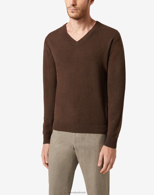 2200J139 homens Corneliani suéter de caxemira com decote em V marrom roupas