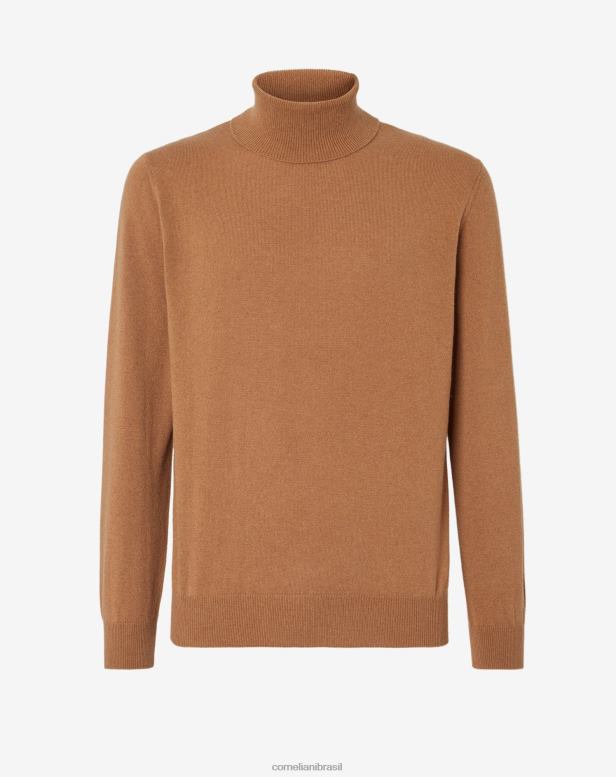 2200J152 homens Corneliani gola alta de caxemira pura em camelo bege roupas