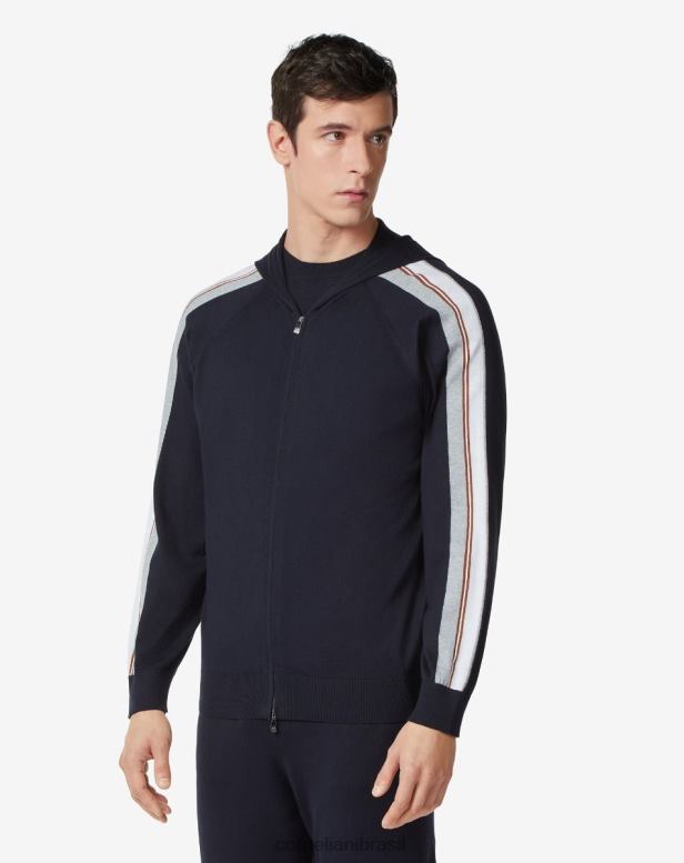 2200J156 homens Corneliani moletom com capuz com zíper completo em mistura de algodão azul-marinho roupas