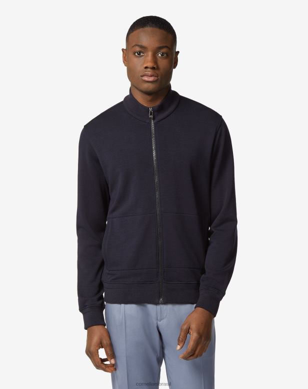 2200J158 homens Corneliani suéter merino com zíper completo azul-marinho roupas