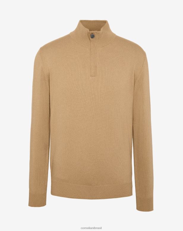 2200J159 homens Corneliani suéter de caxemira com gola alta e zíper bege roupas