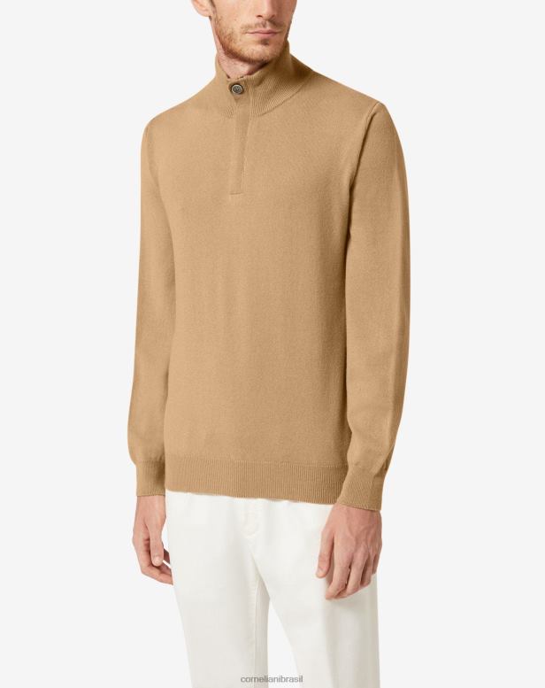 2200J159 homens Corneliani suéter de caxemira com gola alta e zíper bege roupas