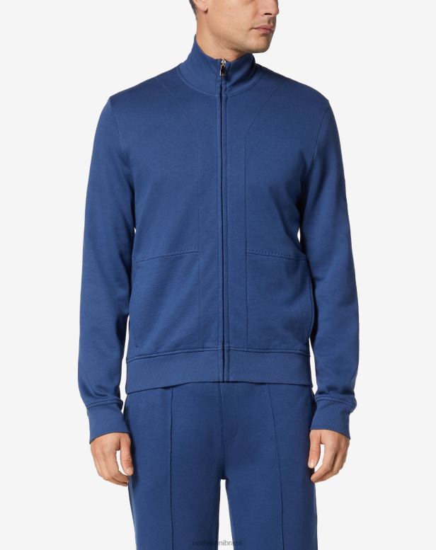 2200J164 homens Corneliani moletom de lã leve com zíper completo azul roupas