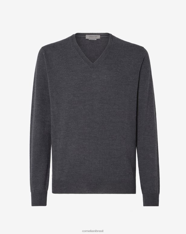 2200J170 homens Corneliani pulôver de lã merino escuro melange cinza com decote em V cinza escuro roupas