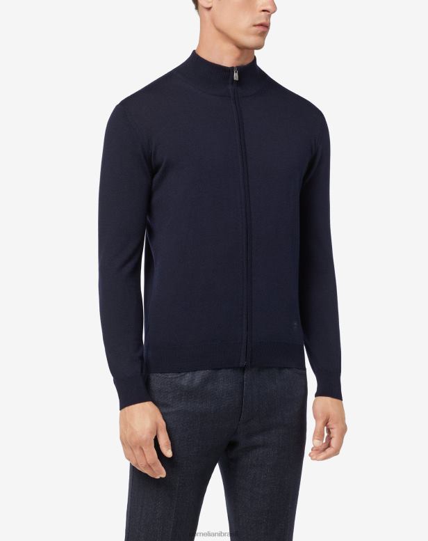 2200J172 homens Corneliani suéter de lã merino com zíper completo azul roupas