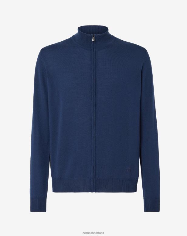 2200J173 homens Corneliani suéter de lã merino com zíper completo azul real roupas