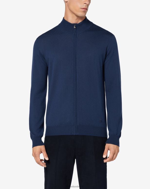 2200J173 homens Corneliani suéter de lã merino com zíper completo azul real roupas