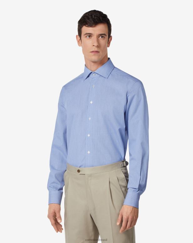 2200J177 homens Corneliani camisa de popeline de algodão com micro listras azul roupas