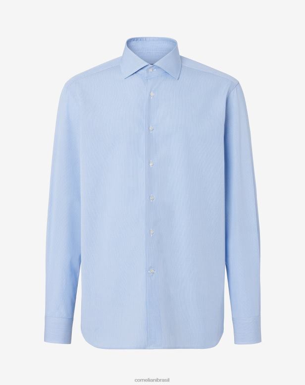 2200J178 homens Corneliani camisa de algodão com micro listras azul claro roupas