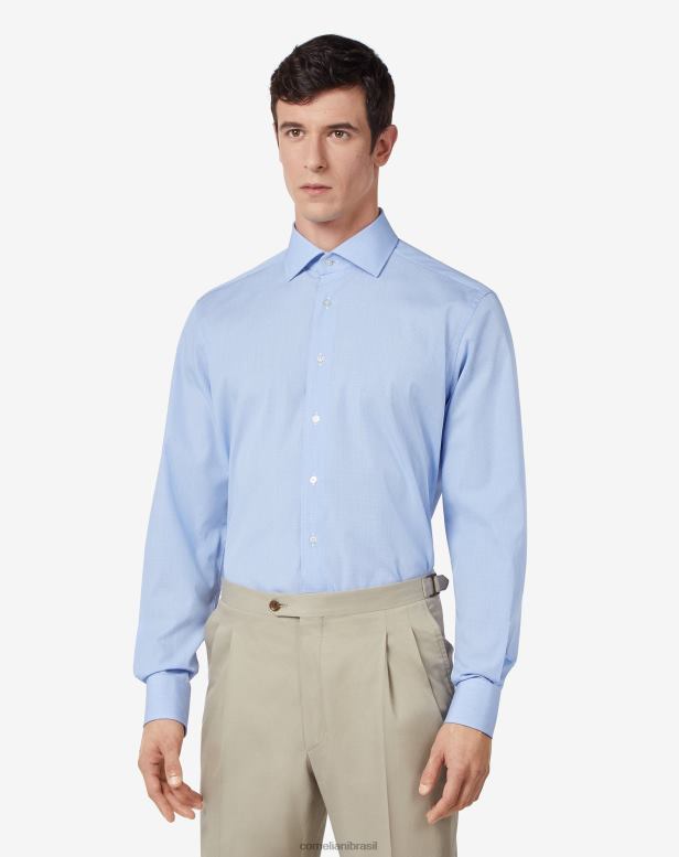 2200J178 homens Corneliani camisa de algodão com micro listras azul claro roupas