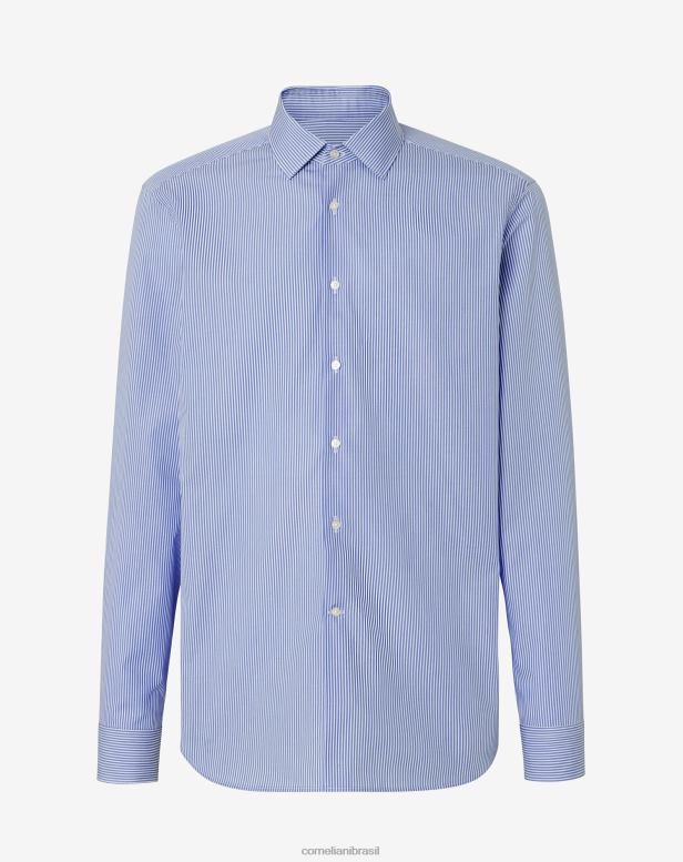 2200J184 homens Corneliani camisa listrada de popeline de algodão azul claro roupas