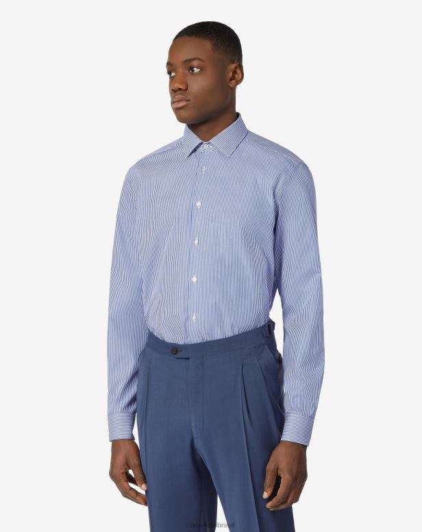 2200J184 homens Corneliani camisa listrada de popeline de algodão azul claro roupas