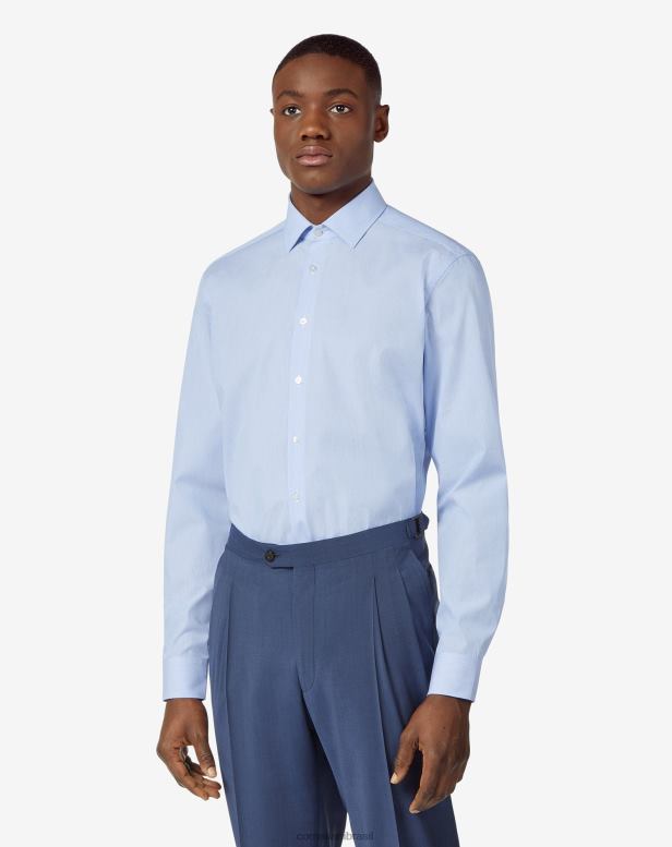 2200J185 homens Corneliani camisa de popeline de algodão com micro listras azul claro roupas