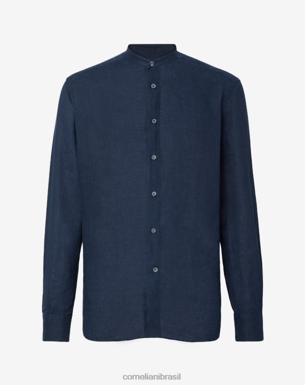 2200J186 homens Corneliani camisa lavada com gola guru círculo azul-marinho roupas