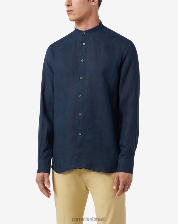 2200J186 homens Corneliani camisa lavada com gola guru círculo azul-marinho roupas