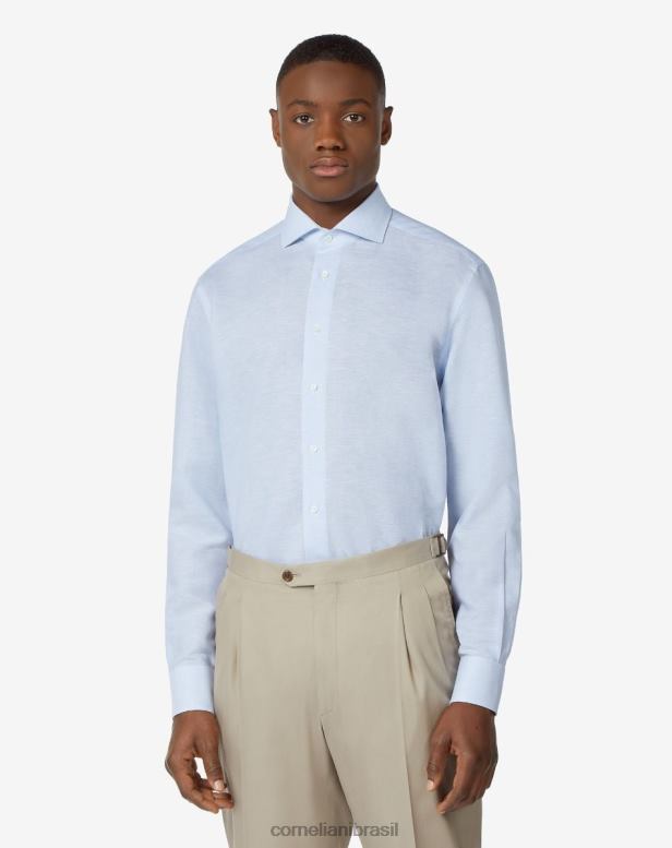 2200J192 homens Corneliani camisa de linho e algodão com estampa azul roupas