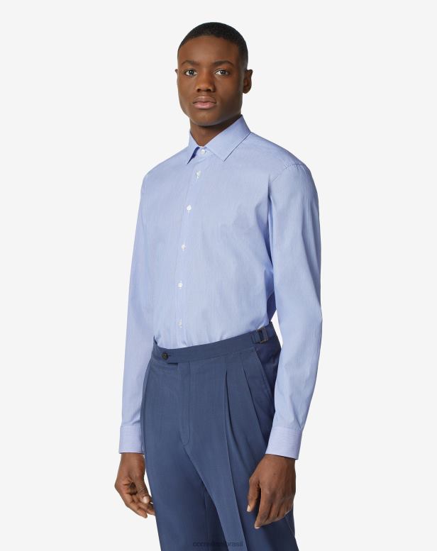 2200J194 homens Corneliani camisa de popeline de algodão com micro listras azul roupas