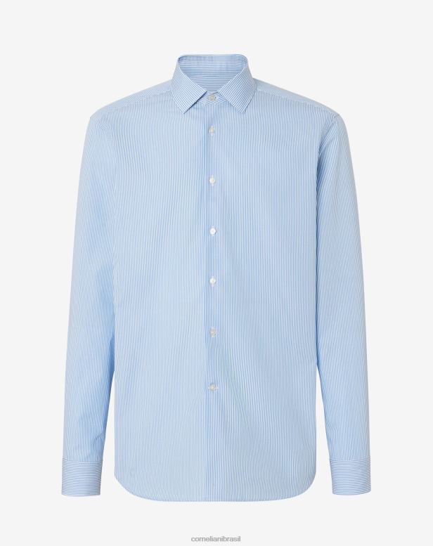 2200J195 homens Corneliani camisa de popeline de algodão com micro listras azul roupas