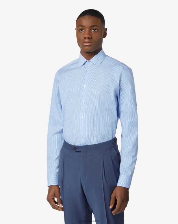 2200J195 homens Corneliani camisa de popeline de algodão com micro listras azul roupas