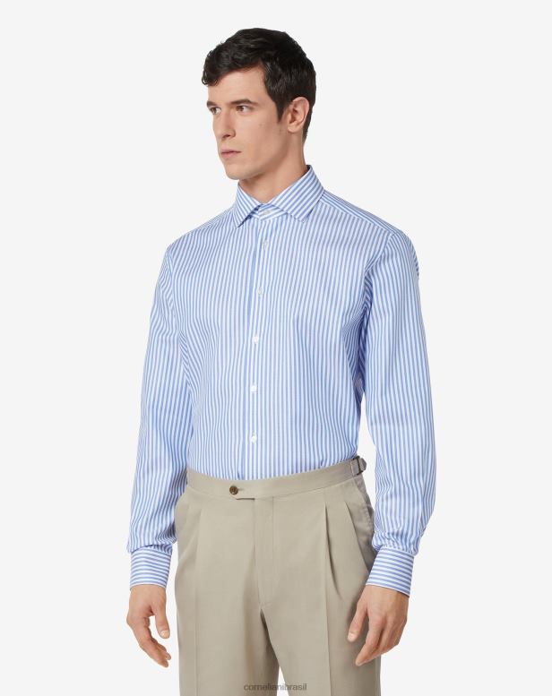 2200J196 homens Corneliani camisa de algodão tecido estrutural azul roupas