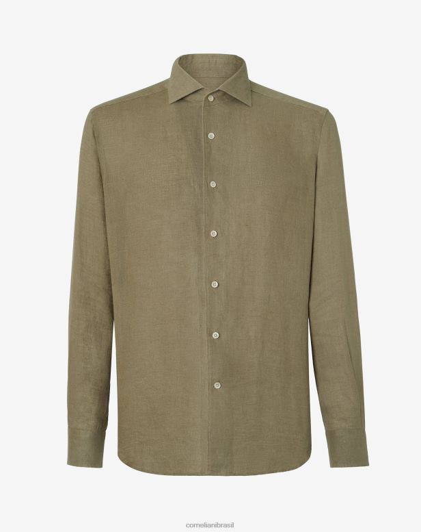 2200J199 homens Corneliani camisa de cânhamo lavada Exército verde roupas
