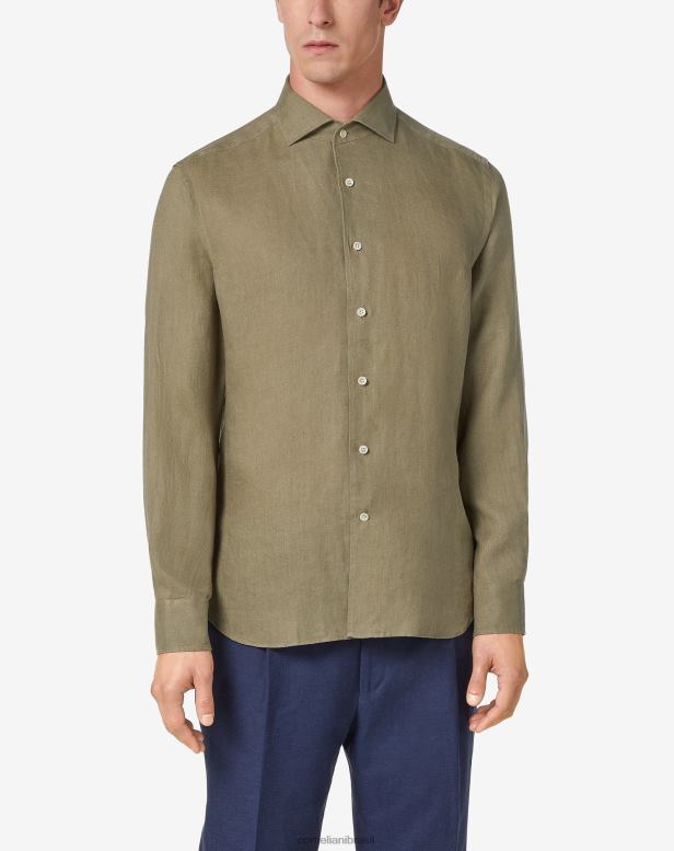 2200J199 homens Corneliani camisa de cânhamo lavada Exército verde roupas