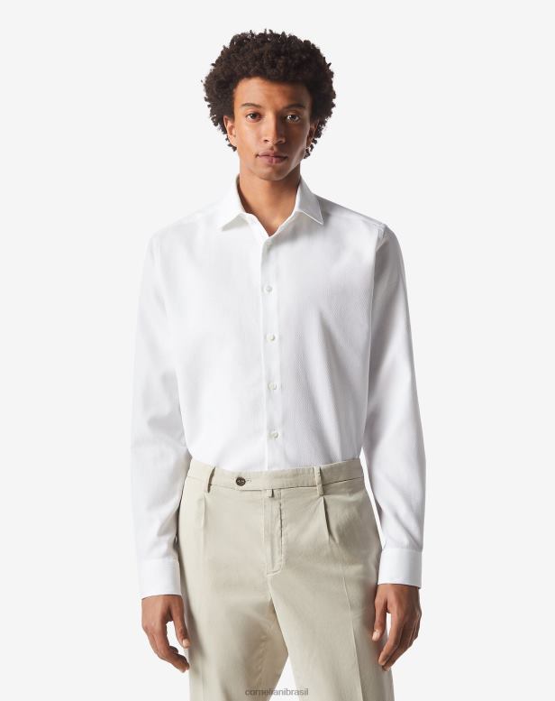 2200J203 homens Corneliani camisa de algodão favo de mel branco óptico branco óptico roupas