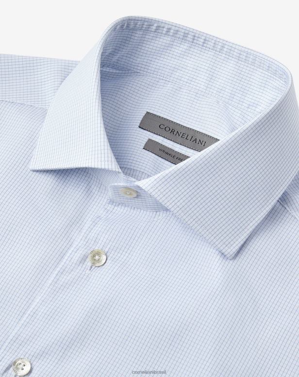 2200J204 homens Corneliani camisa de algodão micro xadrez azul claro roupas