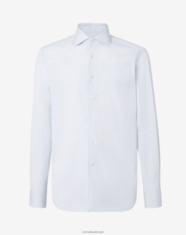 2200J205 homens Corneliani camisa listrada de algodão azul claro roupas