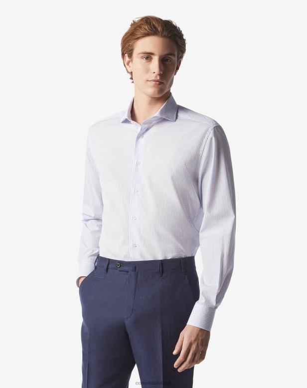 2200J206 homens Corneliani camisa de algodão microcheck azul roupas