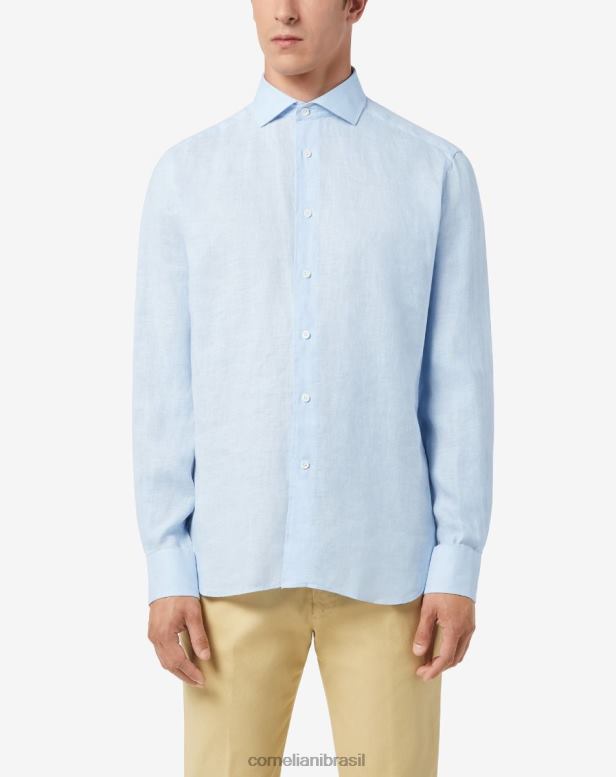2200J208 homens Corneliani camisa circular de cânhamo azul claro roupas