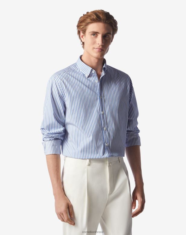 2200J216 homens Corneliani camisa de algodão com estampa listrada azul roupas