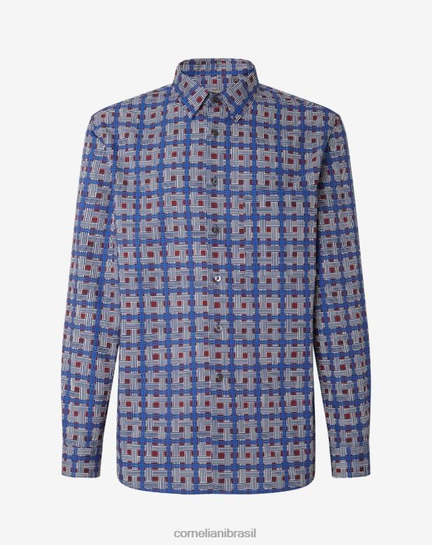 2200J222 homens Corneliani camisa de seda estampada azul roupas