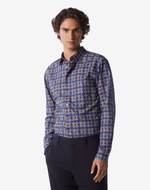 2200J222 homens Corneliani camisa de seda estampada azul roupas