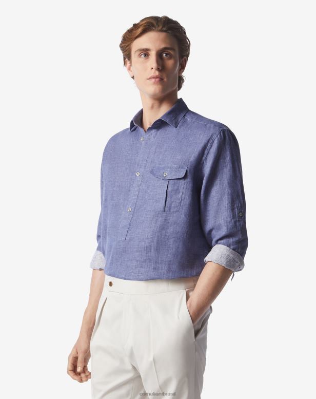 2200J225 homens Corneliani camisa de linho lavada azul roupas