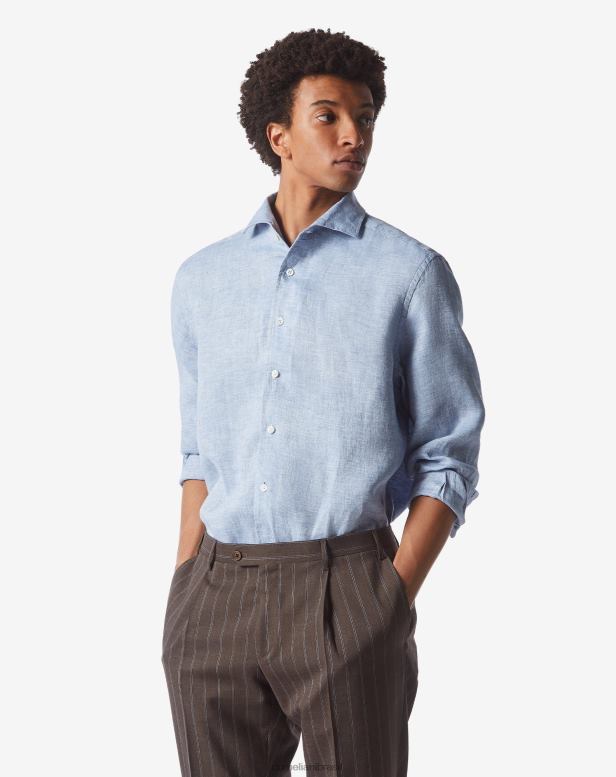 2200J227 homens Corneliani camisa de algodão de linho espinha de peixe azul claro roupas