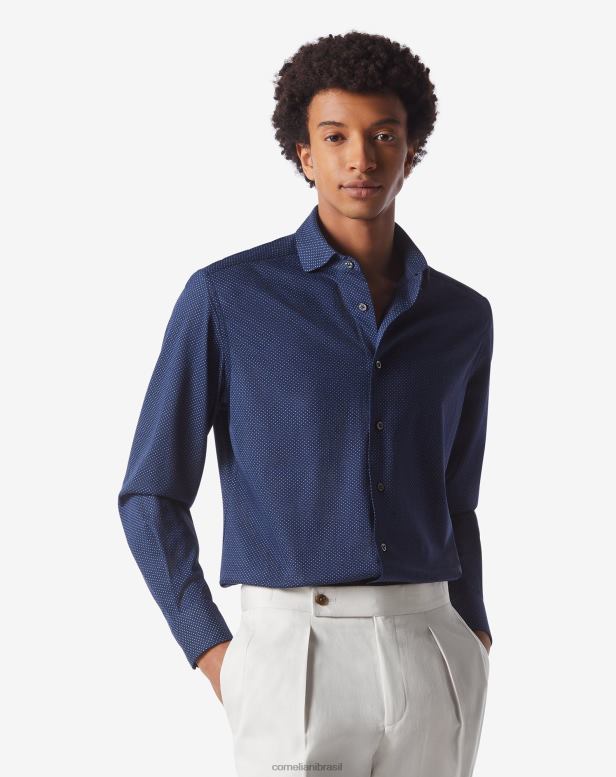 2200J234 homens Corneliani camisa de algodão com estampa azul roupas
