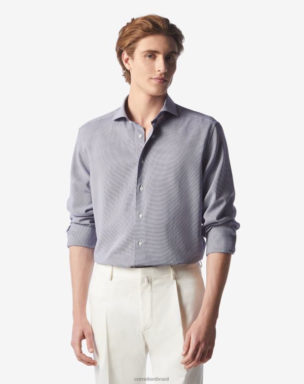 2200J235 homens Corneliani camisa de algodão com padrão houndstooth azul claro roupas